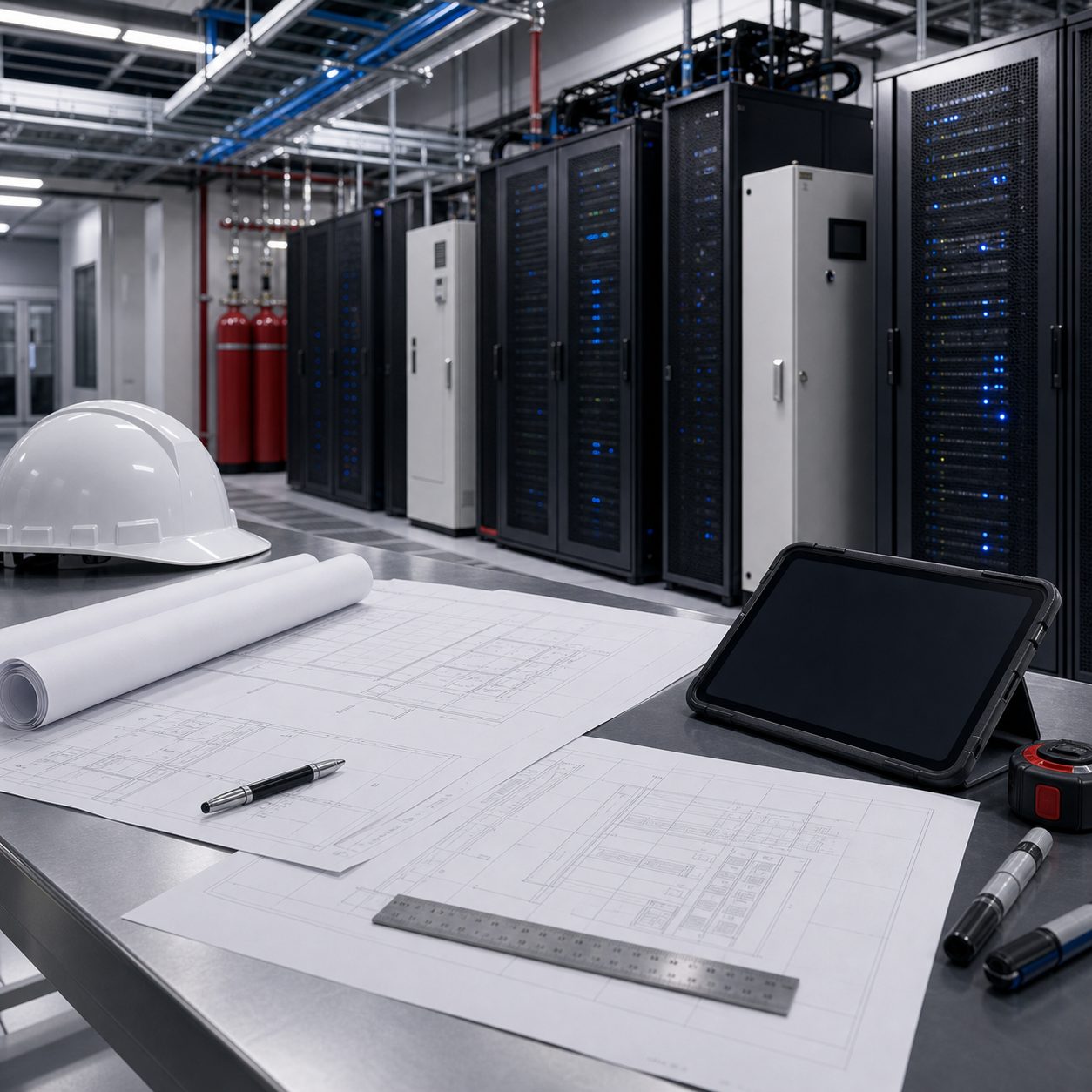 Pasillo de data center de misión crítica con iluminación azul